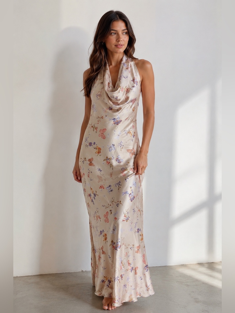 SEE YOU MONDAY Silky Cowl Neck Butterfly Halter Maxi Dress
